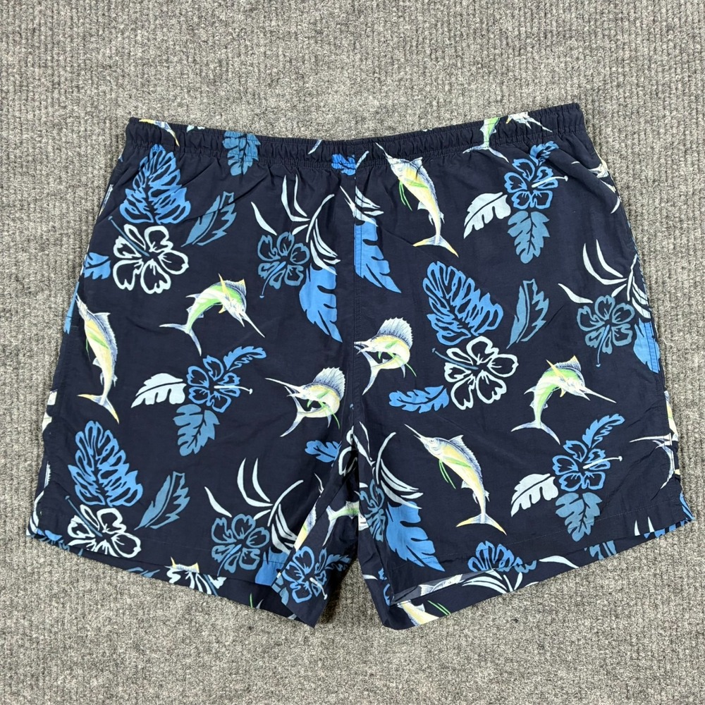 Nautica Mens XL Swim Trunks Fish Hawaiian Print Navy Mesh Lined Beach Shorts
